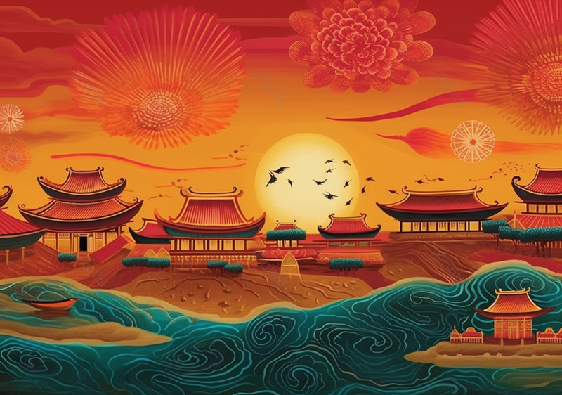 烟花河堤河畔故宫宫殿国潮中国风祥云天空浪漫背景,插画/手绘图,插画/手绘图库,插画/手绘图下载,插画/手绘